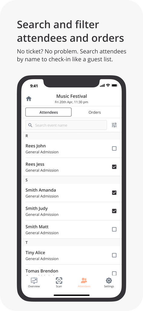 Humanitix for Hosts - Mobile app screen showing a searchable guest list with attendee names and check-in status for a music festival event.
