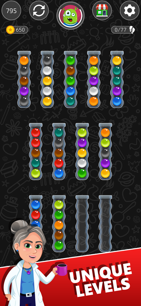 Ball Sort Master - Captura de tela do jogo Ball Sort Master com níveis de quebra-cabeça únicos e uma personagem feminina