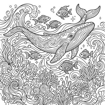 Embark on an extraordinary coloring adventure with this psychedelic ocean scene, featuring a magnificent whale gliding amidst swirling waves and curious fish. This intricate design promises a summer-themed escape into a vibrant underwater world.