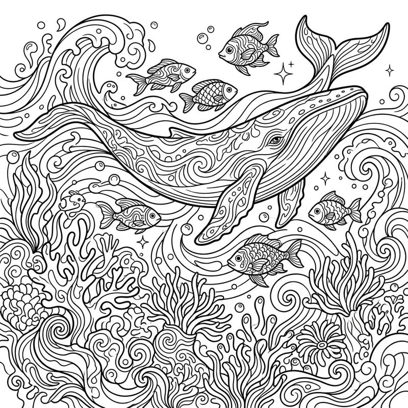 Embark on an extraordinary coloring adventure with this psychedelic ocean scene, featuring a magnificent whale gliding amidst swirling waves and curious fish. This intricate design promises a summer-themed escape into a vibrant underwater world.