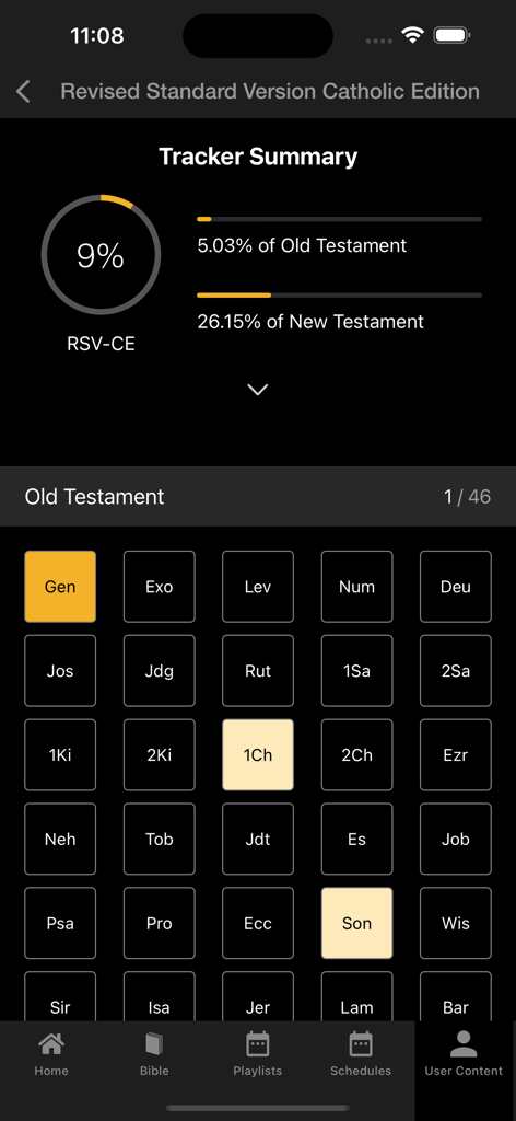 EWTN - EWTN 앱 인터페이스, 구약 및 신약 진행률 표시줄이 있는 성경 읽기 추적기 요약 표시