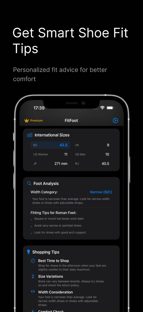 Foot Measure App – FitFoot - Pantalla de la aplicación FitFoot que muestra conversiones de tallas de zapatos internacionales y consejos personalizados de análisis del pie
