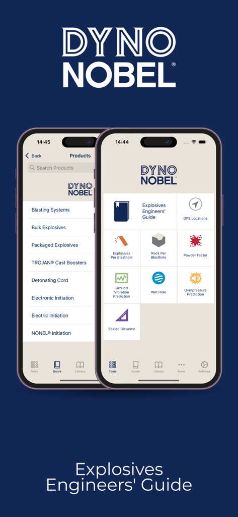 Dyno Nobel Explosives Guide app interface showing blasting calculators and product tools.