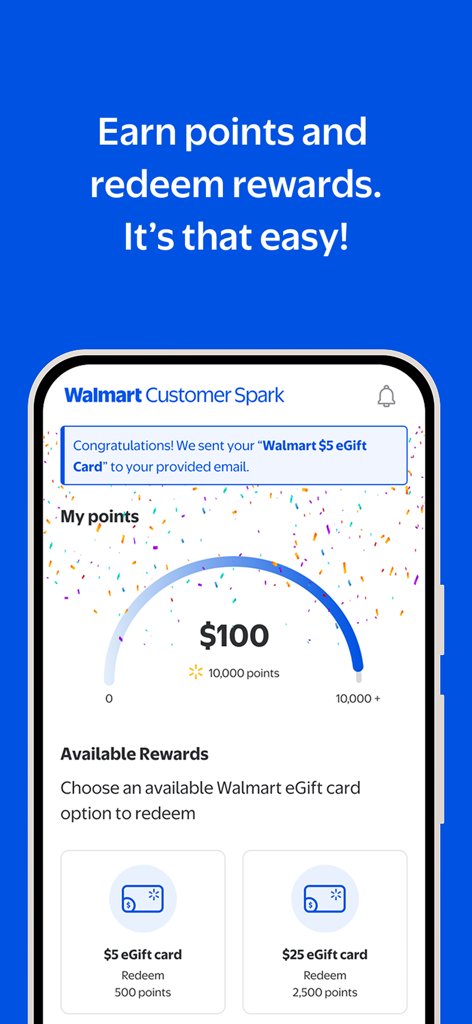 Walmart Customer Spark app interface for redeeming points for gift card rewards