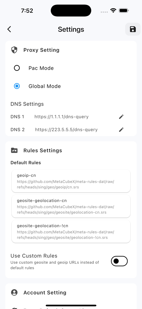 VilaNet - VilaNet app settings screen showing proxy modes, DNS configurations, and default rules for global and regional connectivity.
