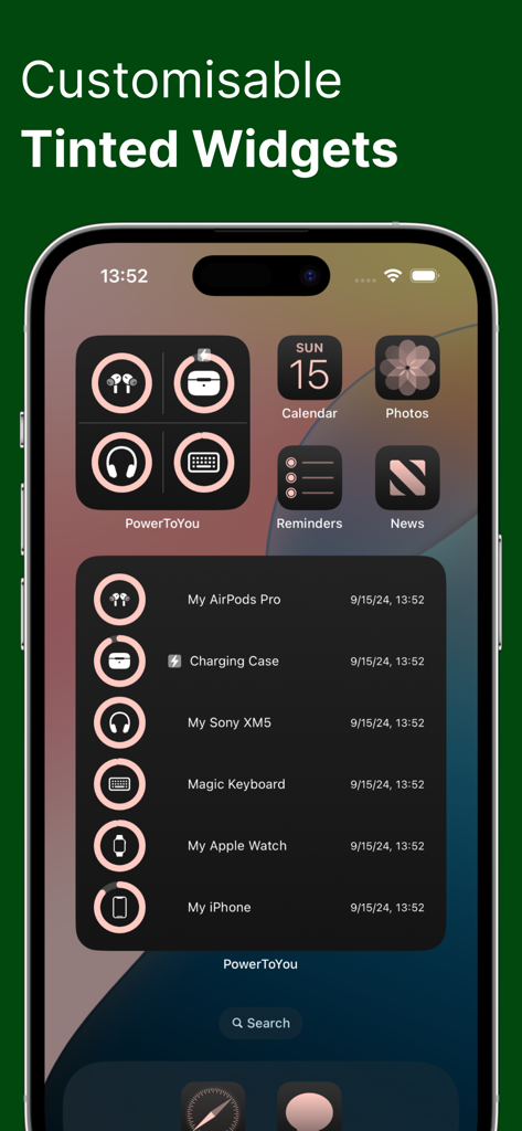 Battery Widget: PowerToYou - iPhone home screen displaying PowerToYou tinted battery widgets for multiple devices including AirPods, Apple Watch, and Sony headphones.