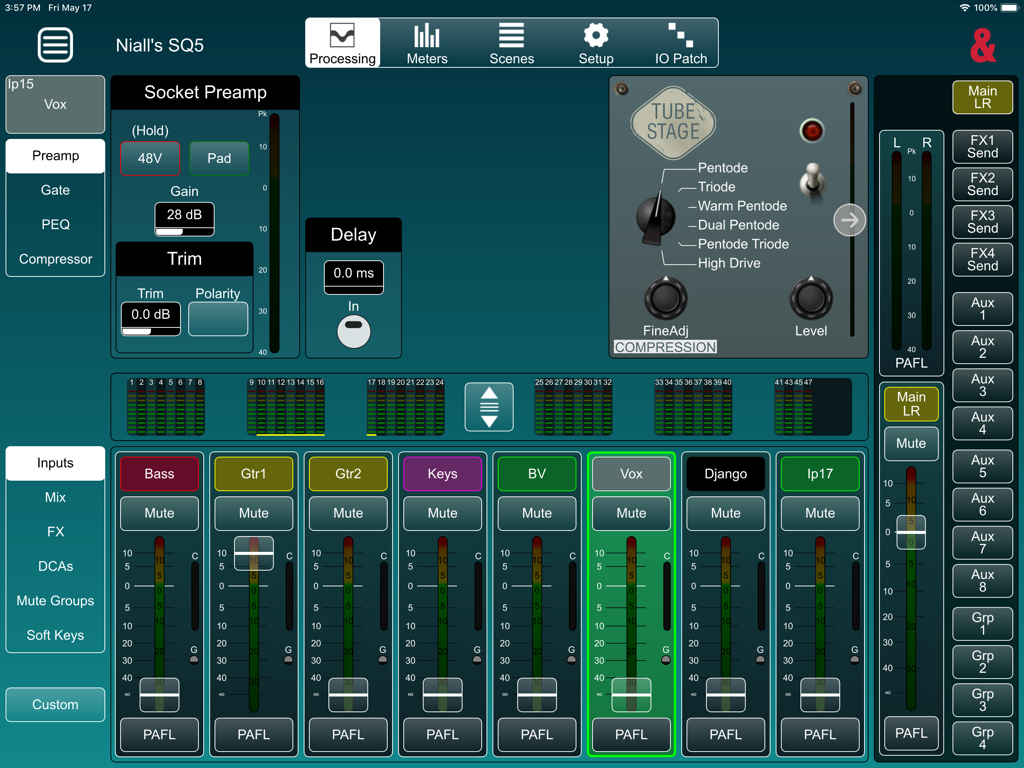 SQ MixPad - SQ MixPad iPad app interface showing channel faders and audio processing controls for a live sound mix