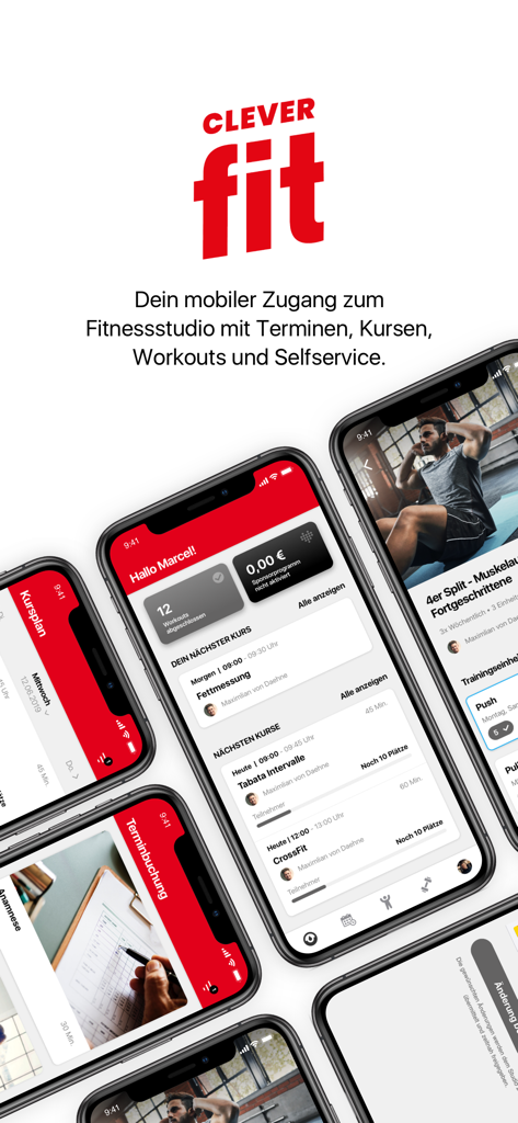 cf - Interfaz de la aplicación móvil Clever Fit mostrando planes de entrenamiento y reserva de citas de gimnasio