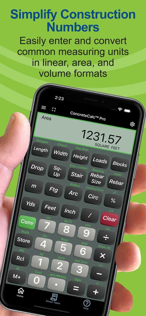 Concrete Calc Pro construction calculator app showing square feet measurement on a smartphone