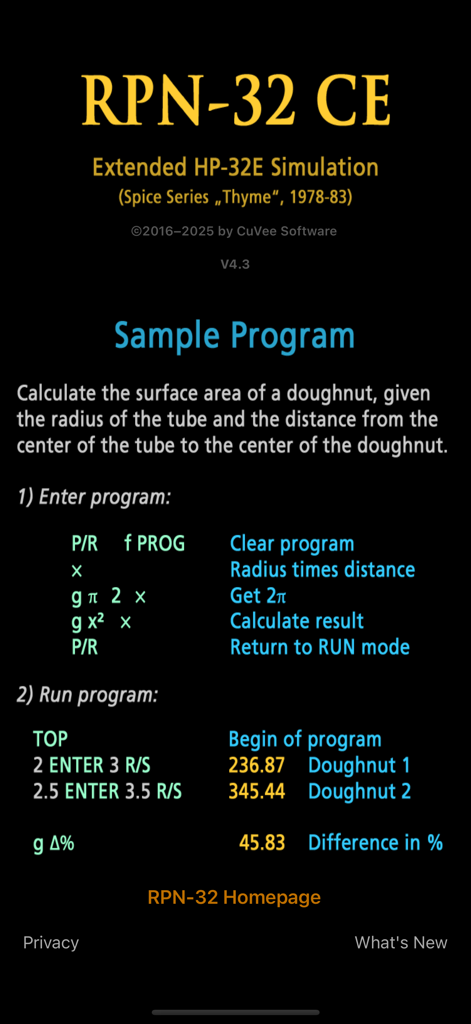 A screenshot showing a sample program on the RPN-32 CE app to calculate the surface area of a doughnut