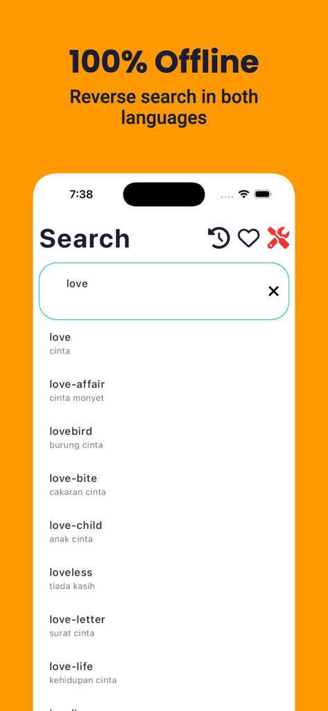 Malay Dictionary - Dict Box - Malay Dictionary app interface showing an offline search results for the word love with English to Malay translations