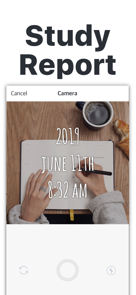 Timestamp Camera - Date Stamp - Tela de smartphone mostrando o aplicativo Câmera de Carimbo de Data/Hora com um carimbo de data e hora em uma foto de uma sessão de estudo
