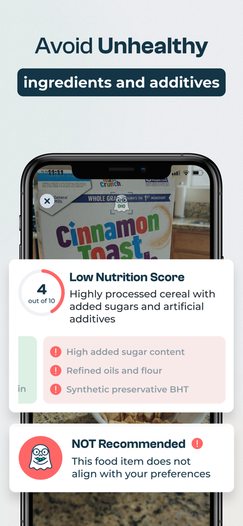 seefood - AI Food Scanner - Seefood AI food scanner app interface displaying nutrition score and unhealthy additives