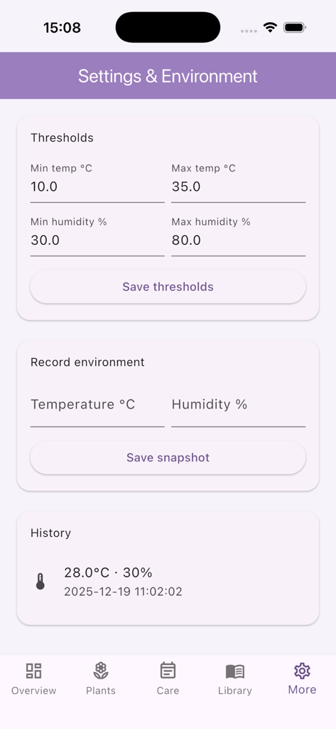 Interfaz de la aplicación Read Progre que muestra los umbrales de temperatura y humedad del entorno de la planta e instantáneas del historial de cuidados.