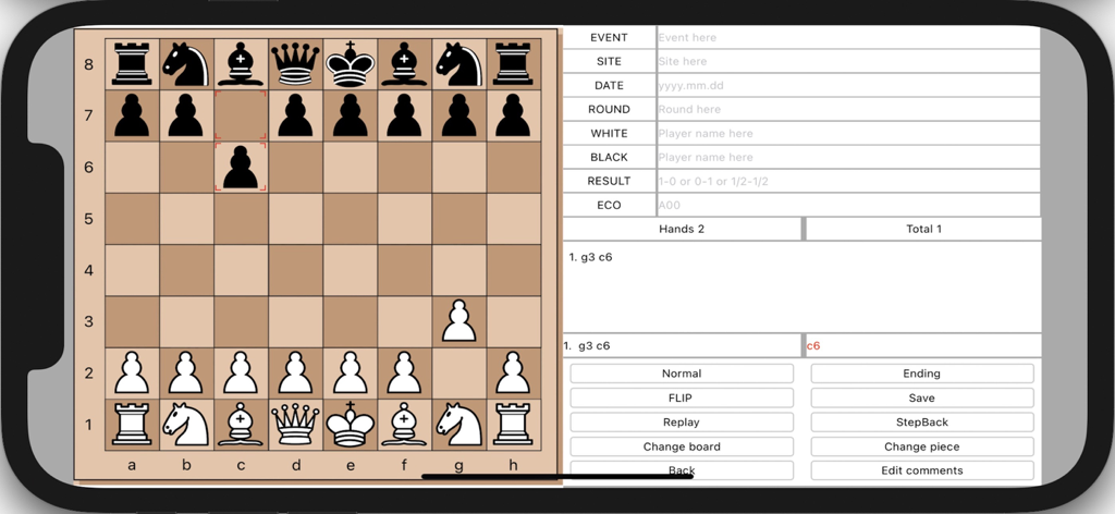 SUPER CHESS BOARD - Interfaz de la aplicación SUPER CHESS BOARD mostrando un tablero de ajedrez junto con notación de partida y campos de metadatos