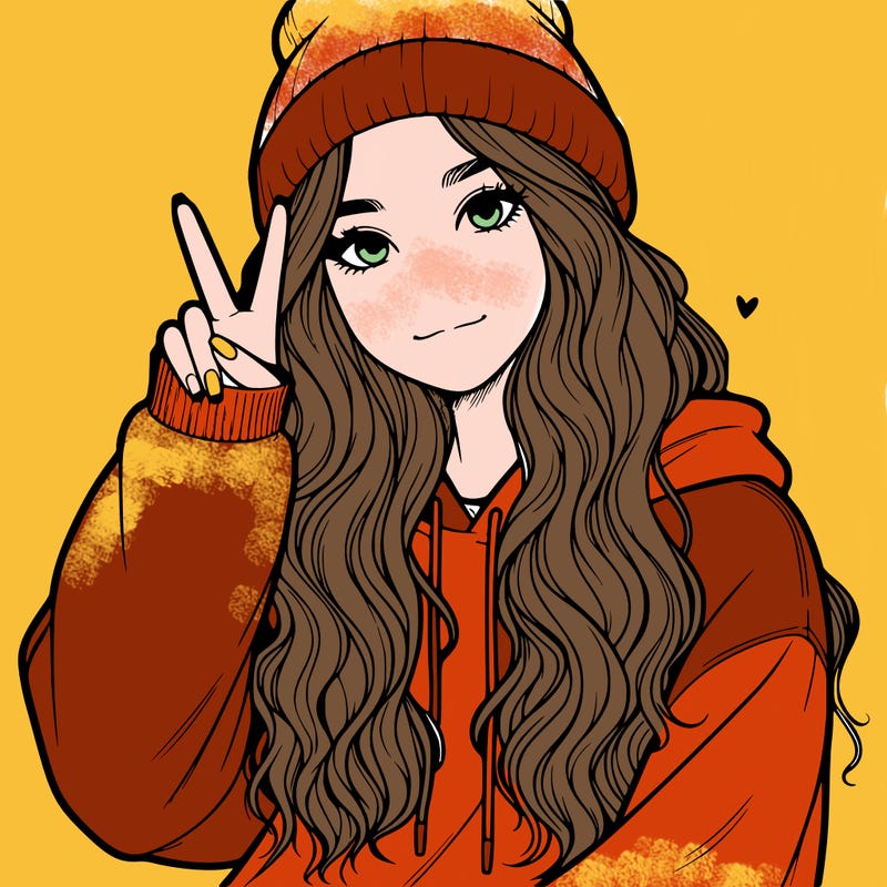 a teenage girl in a beanie, oversized sweatshirt, wavy long hair, and is showing a ✌️