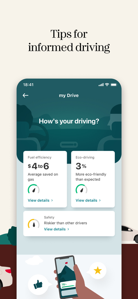 Intact Insurance: Mobile app - Intact Insuranceモバイルアプリのインターフェース。燃費、エコ運転、安全評価などのmy Drive統計情報が表示されています。