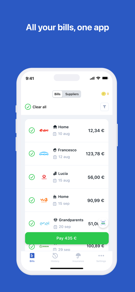 Dashboard dell'app mobile Pago che mostra un elenco di bollette organizzate con un pulsante di pagamento totale
