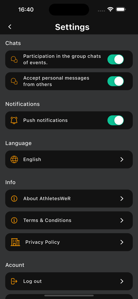 Settings page of the AthletesWeR app showing options for chats notifications and language