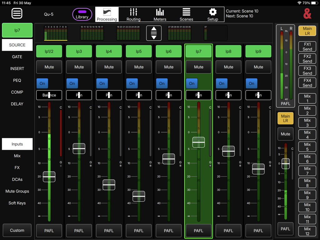 Qu MixPad - Digital audio mixing interface on iPad with faders and channel controls for live sound
