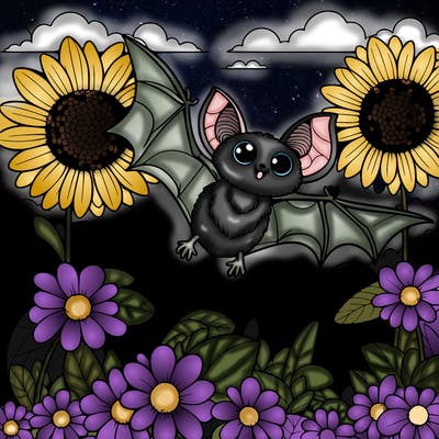 a bat flying through a field of giant flowers