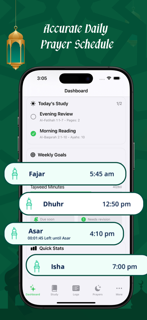 Dashboard of the Muslim Life Qibla app displaying an accurate daily prayer schedule and Quran study progress