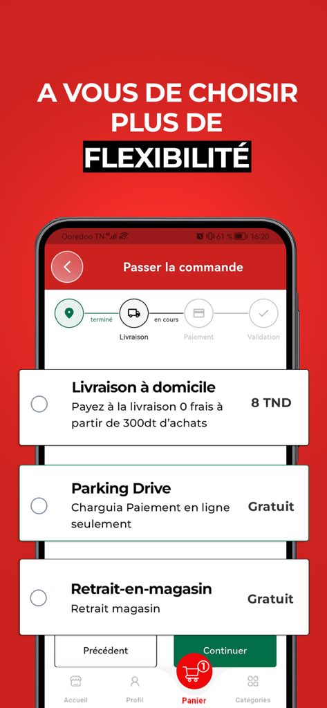 Mytek - Écran de paiement de l'application Mytek montrant diverses options de livraison en Tunisie, y compris la livraison à domicile et le retrait en magasin.