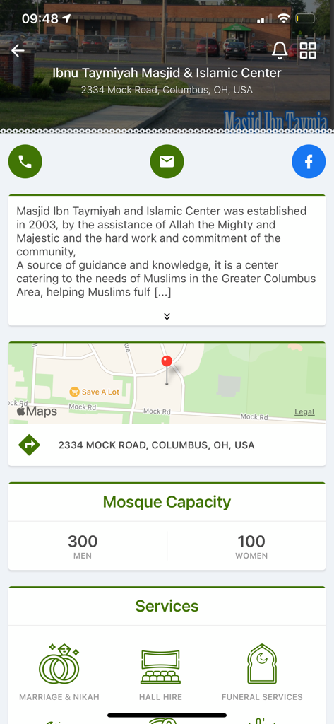 Ibnu Taymiyah Masjid - Ibnu Taymiyah Masjid app screen displaying the address, map, mosque capacity, and available services