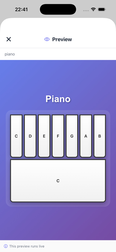 Neyse - Real time preview of a functional piano web application generated using the Neyse AI app builder