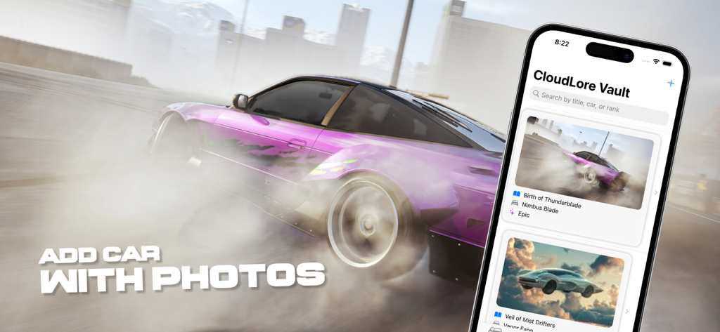 Race X Drift - Um carro esportivo roxo fazendo drift ao lado de um smartphone exibindo o menu do Cofre do Folclore das Nuvens no app Race X Drift