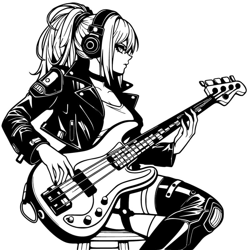 cyberpunk anime femme human in leather with a bass guitar