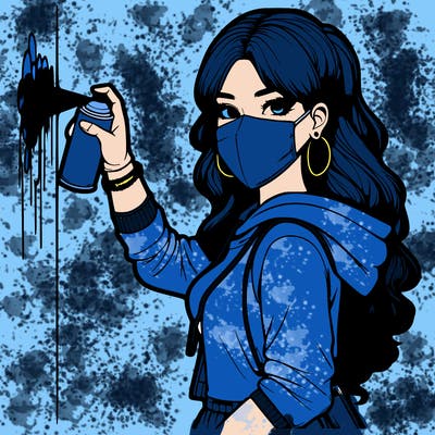 realistic girl with mask spray painting a wall