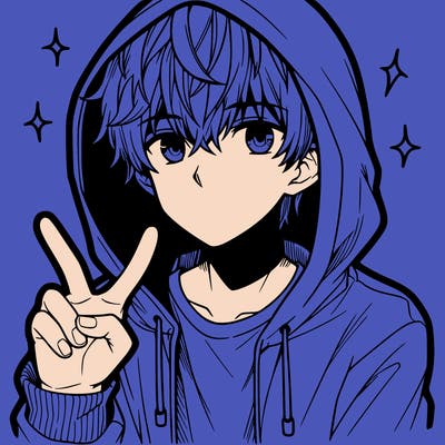 teenage manga boy in a hoodie, doing ✌