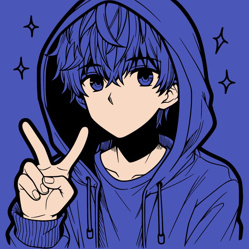 teenage manga boy in a hoodie, doing ✌