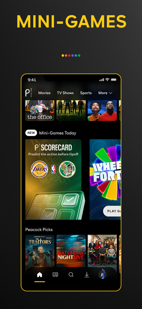 Peacock TV App mobile Oberfläche, die die Mini-Spiele-Funktion anzeigt, einschließlich Sport-Scorecards und Unterhaltungs-Quizfragen