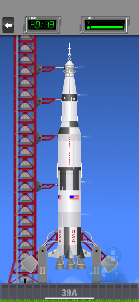 Space Agency - A tall white rocket on a launch pad with a gantry and mission UI