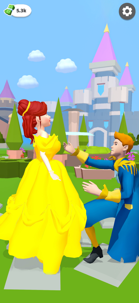 Princess Dress up Wedding Game - 王子が城の前で黄色いドレスを着た赤毛のプリンセスにひざまずいている。