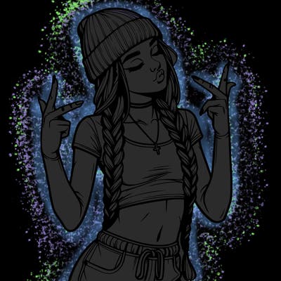 realistic teenage girl with braids and a beanie and crop top doing 🫶🏼