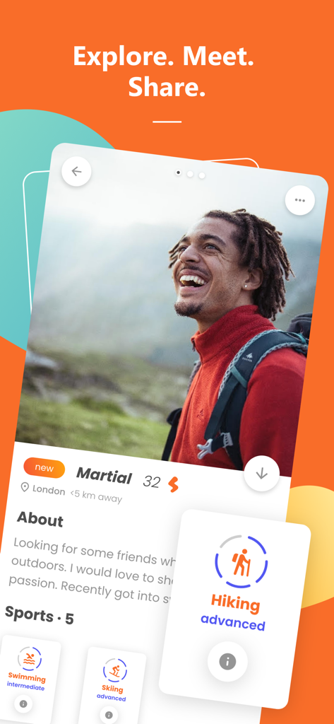 Ein Benutzerprofil in der Smatch-App, das einen Mann namens Martial mit aufgeführten Sportinteressen wie Wandern und Skifahren zeigt