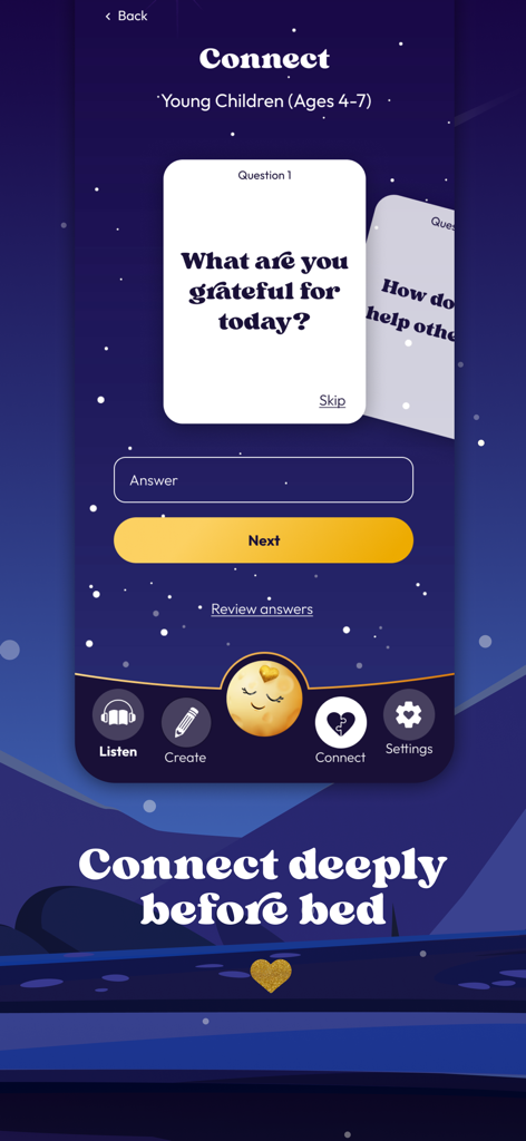 Goldminds: Kids’ Sleep Stories - Goldminds app Connect screen showing a gratitude question card for children aged 4 to 7.