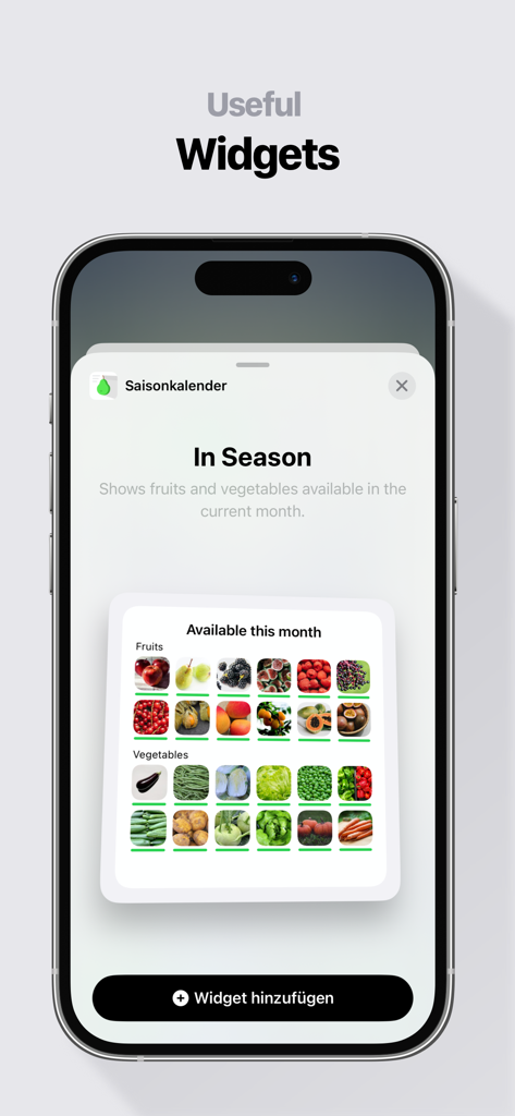 In Season: eat fresh & healthy - Écran de smartphone montrant le widget de l'application In Season avec une grille de fruits et légumes de saison
