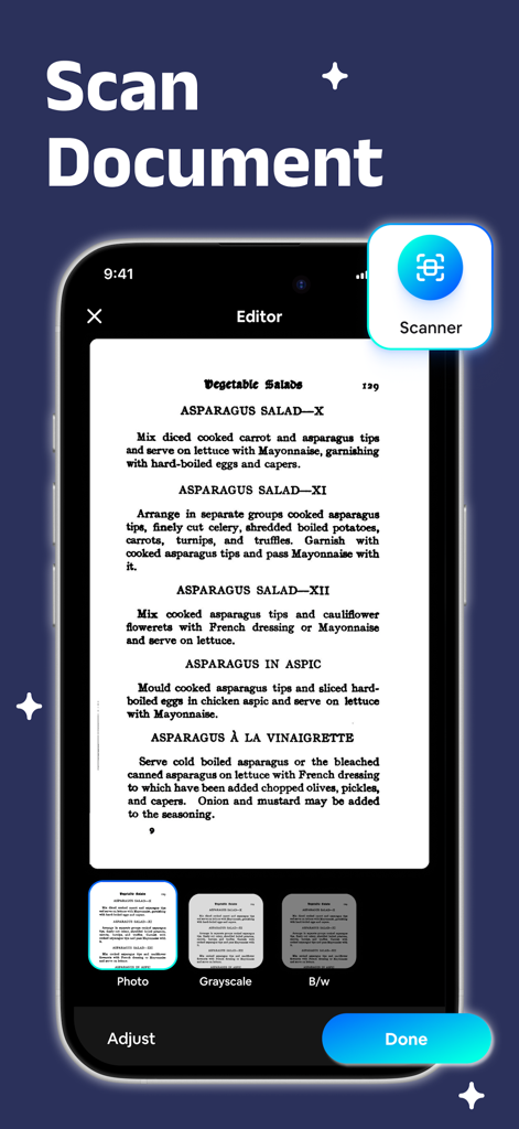 E signature app: Fill and Sign - Interfaz de aplicación móvil que muestra la función de escáner de documentos con opciones para ajustar la calidad del escaneo