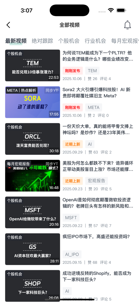 Eine Liste von Finanzanalyse-Videos in der Meitou App mit Trends am US-Aktienmarkt und spezifischen Einblicken in Unternehmen auf Chinesisch