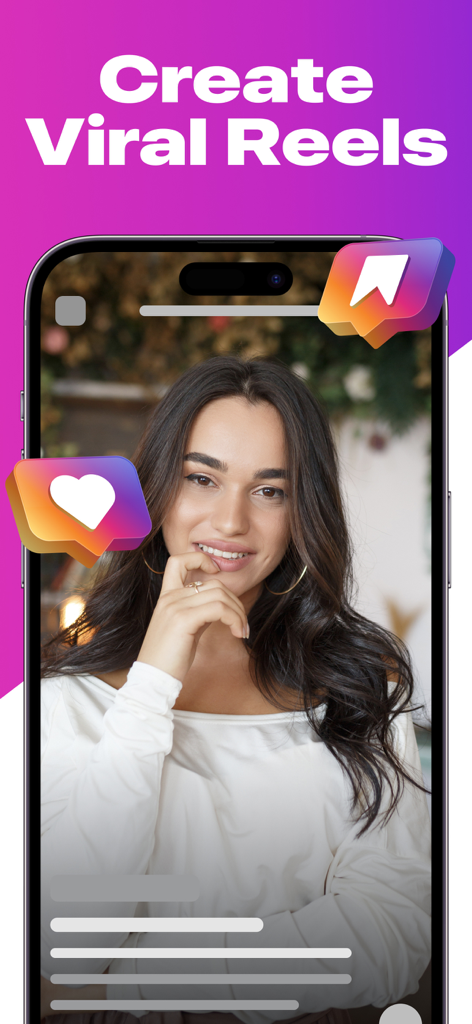Edits: Reel Maker Video Editor - A smartphone interface showing a young woman in a video template with social media like and save icons and the text Create Viral Reels