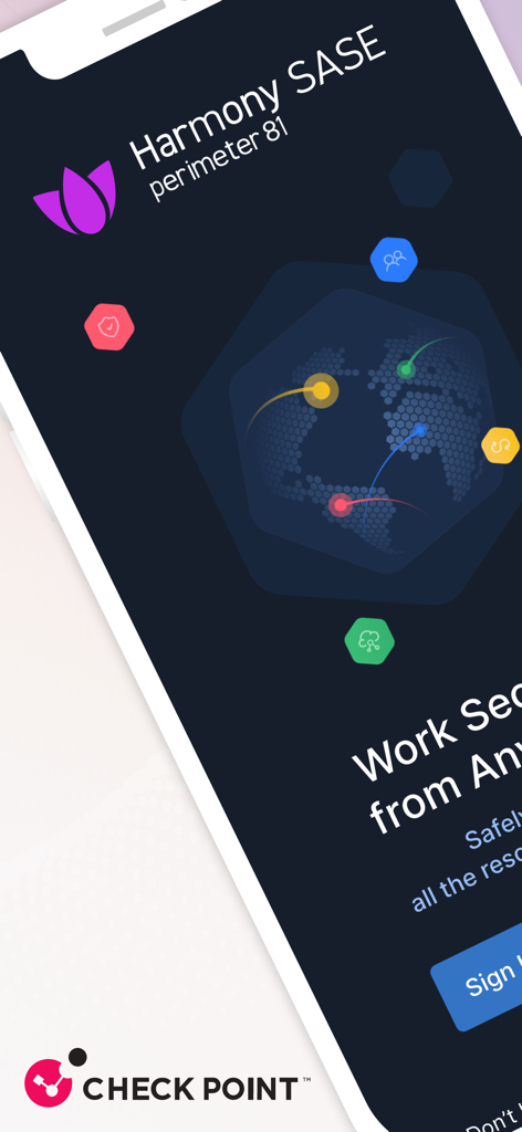 Harmony SASE mobile app interface showing global connection map and secure work message
