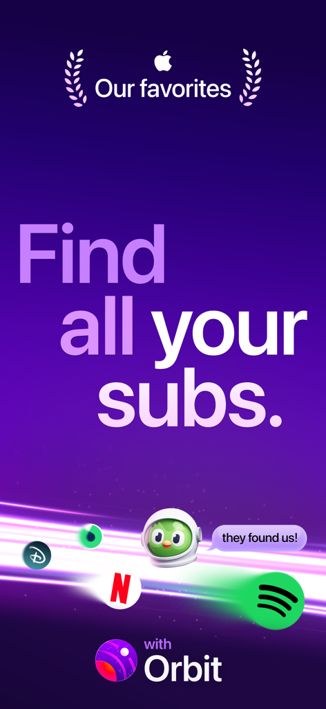Promozione dell'app Gestore Abbonamenti Orbit che mostra il badge dei preferiti di Apple e il testo Trova tutti i tuoi abbonamenti.