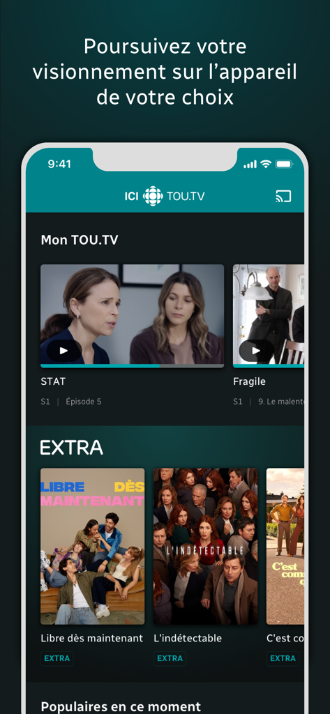 Écran de l'application mobile ICI TOU.TV présentant l'historique de visionnement personnalisé et la section de contenu premium EXTRA