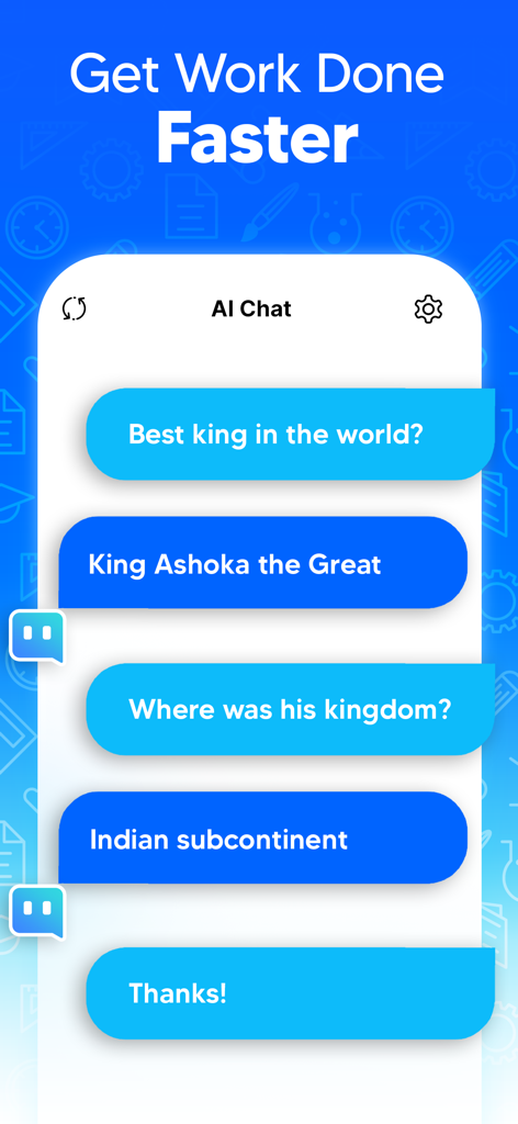 Chat Bot AI Assistant+ - Chat interface of Prompt AI assistant answering questions about King Ashoka
