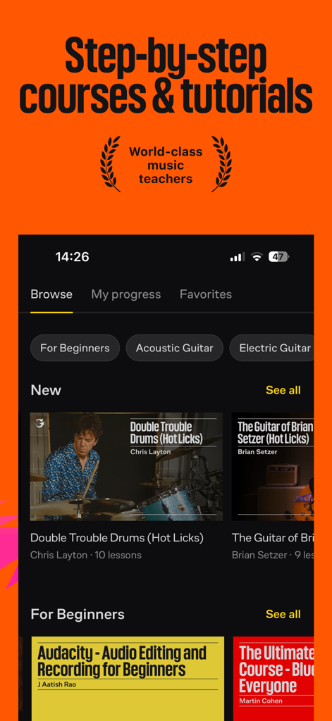Ultimate Guitar app interface showing step by step music courses and tutorials for beginners