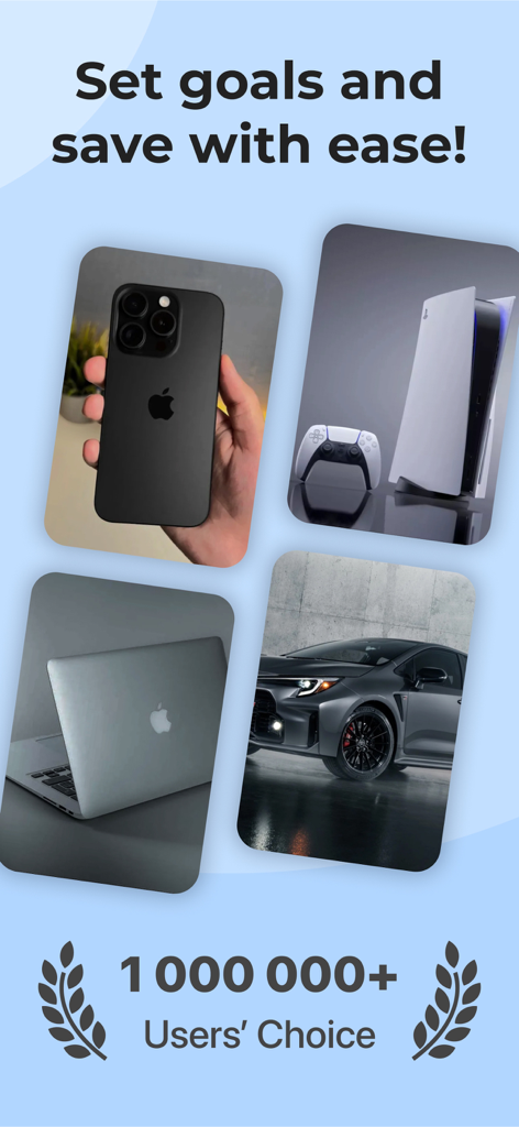 Savings Tracker: My Piggy Bank - Examples of visual savings goals including gadgets and a car within the My Piggy Bank app.